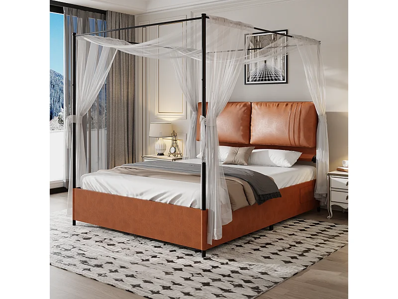 Letto per adulti 140x200 cm - con testiera alta, rete a doghe in metallo - marrone - materasso non incluso