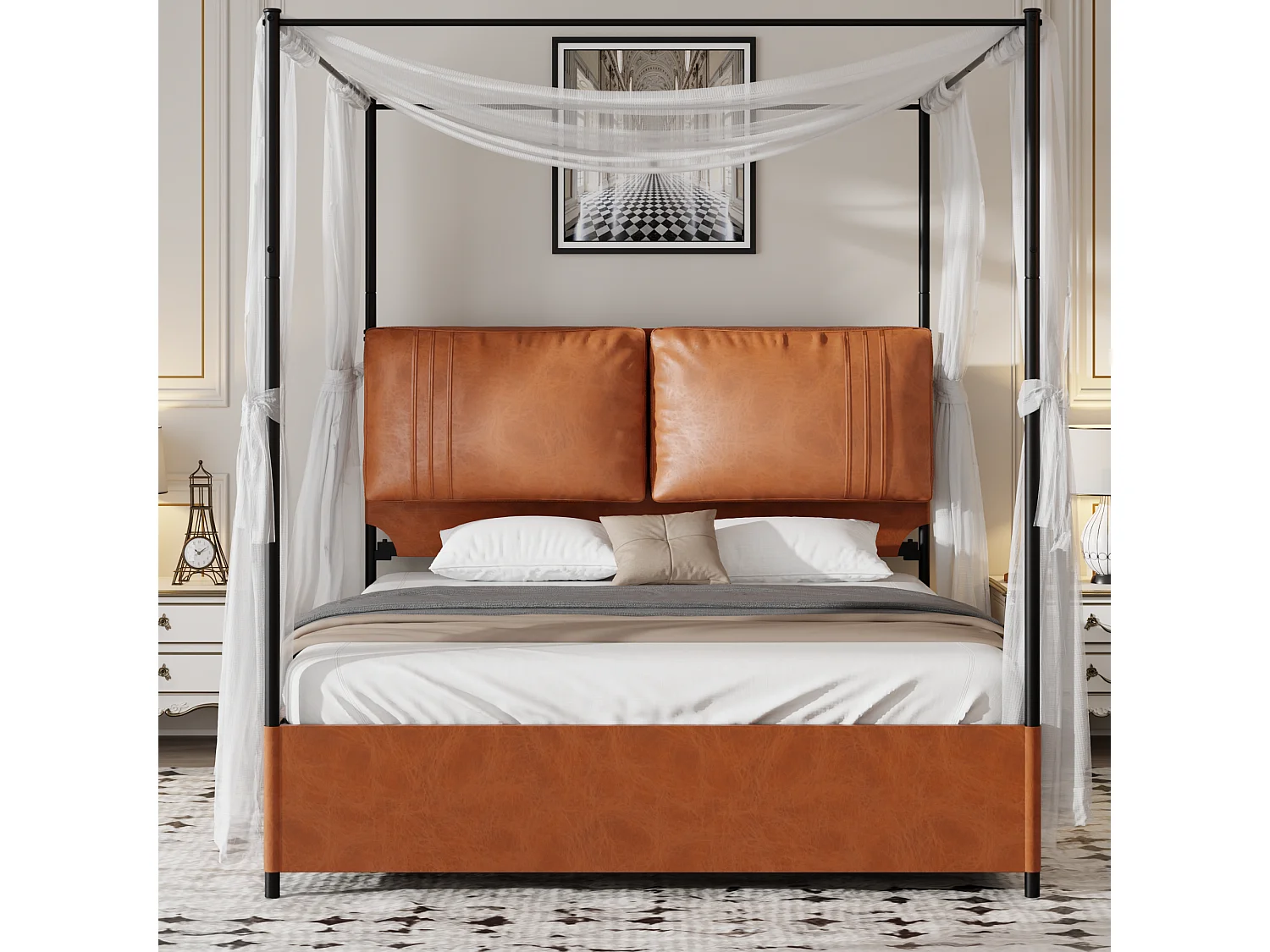 Erwachsenenbett 160x200 cm – mit 2 Kissen, PU-Leder, Lattenrost aus Metall – Braun – Matratze nicht enthalten