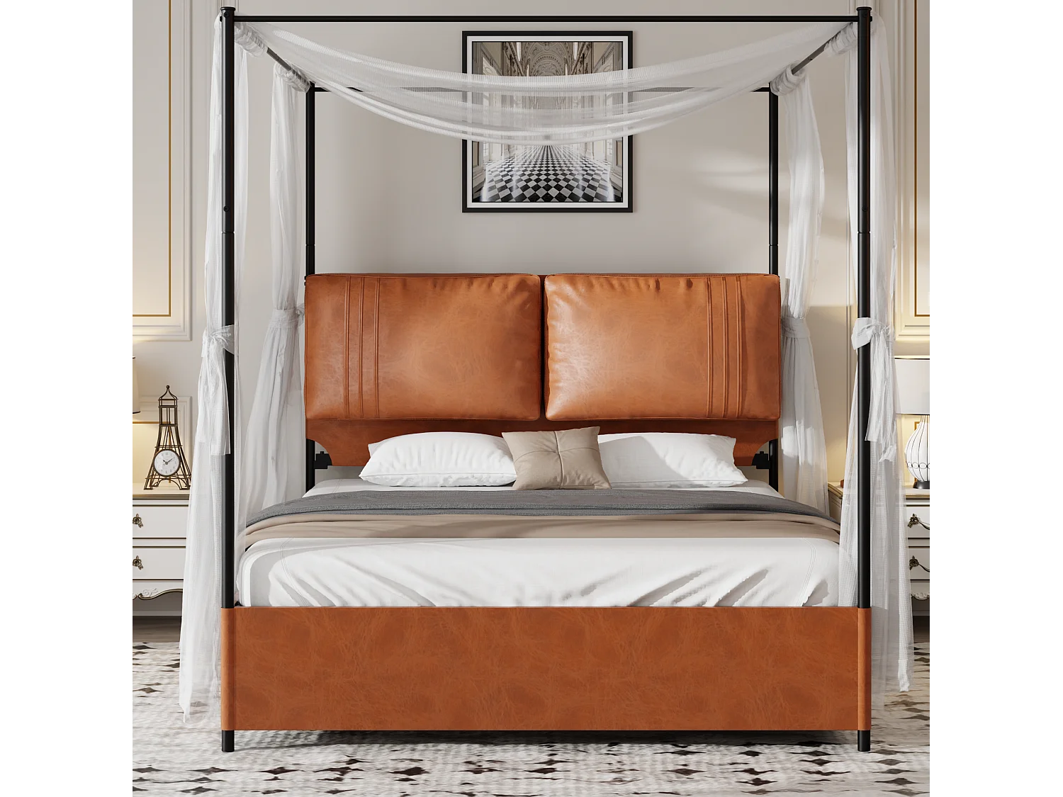 Lit adulte 160x200 cm - avec 2 coussins, en PU, sommier à lattes métalliques - marron - sans matelas