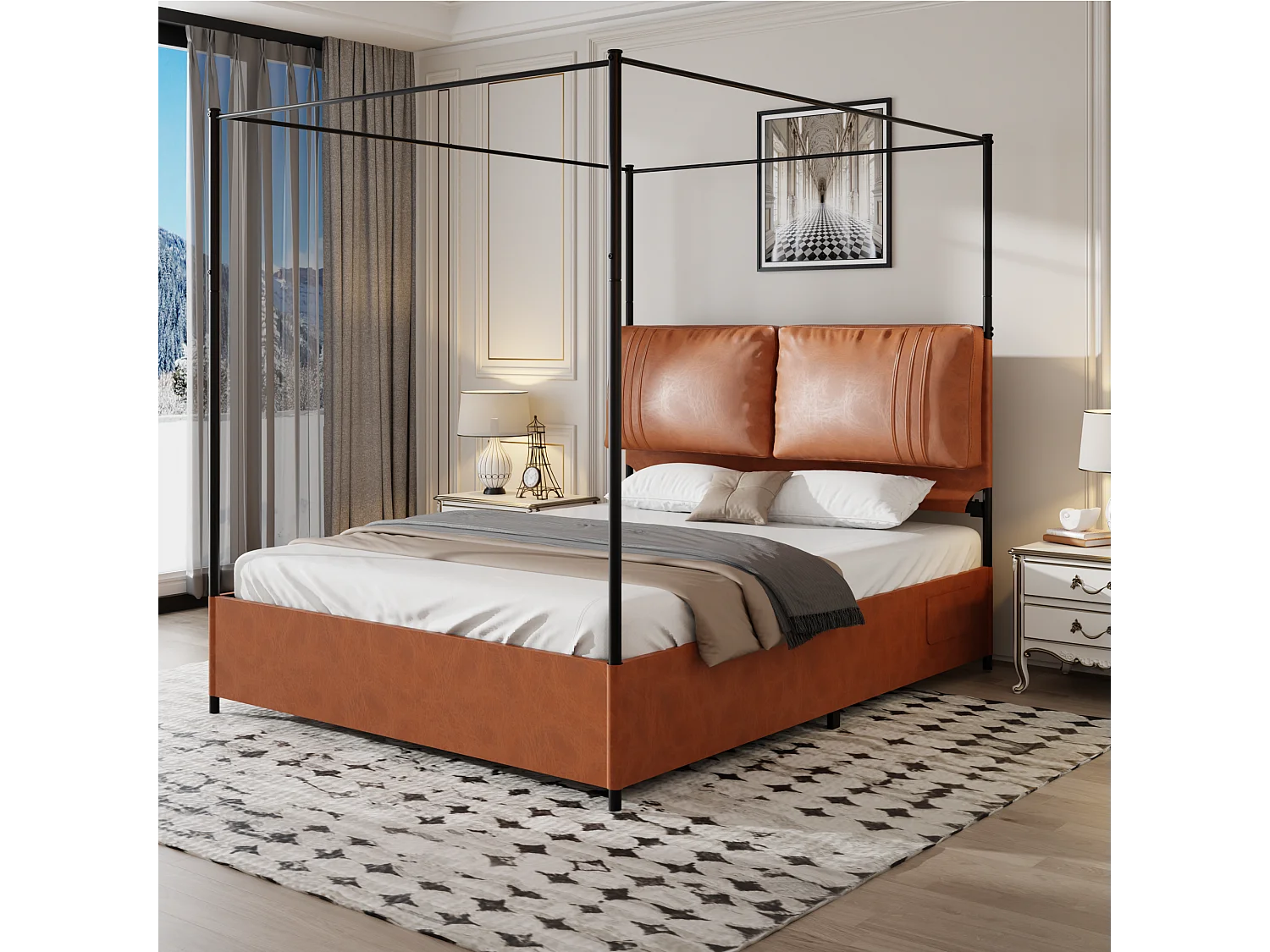 Lit adulte 160x200 cm - avec 2 coussins, en PU, sommier à lattes métalliques - marron - sans matelas