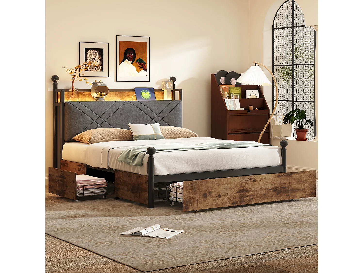 Volwassenenbed 140x190 cm - met ledverlichting en USB-poort, gewatteerd hoofdeinde en 2 lades - metaal - zwart - matras niet inbegrepen