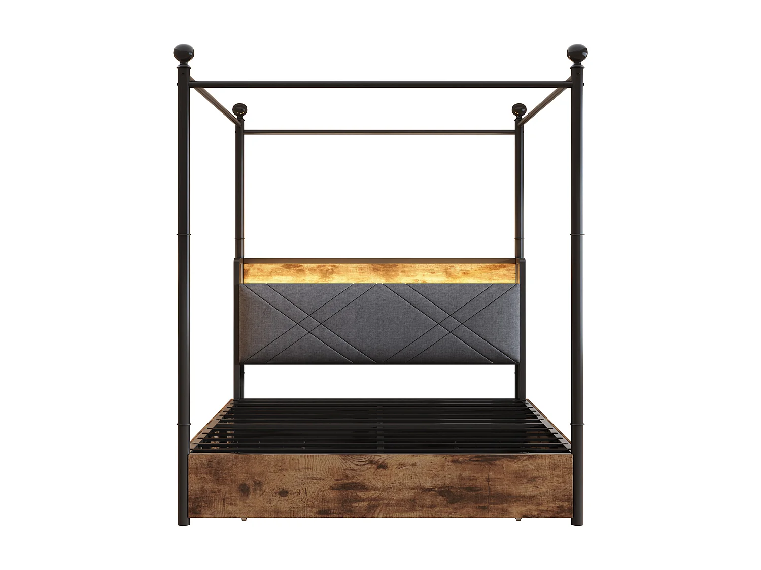 Volwassenenbed 140x190 cm - met ledverlichting en USB-poort, gewatteerd hoofdeinde en 2 lades - metaal - zwart - matras niet inbegrepen