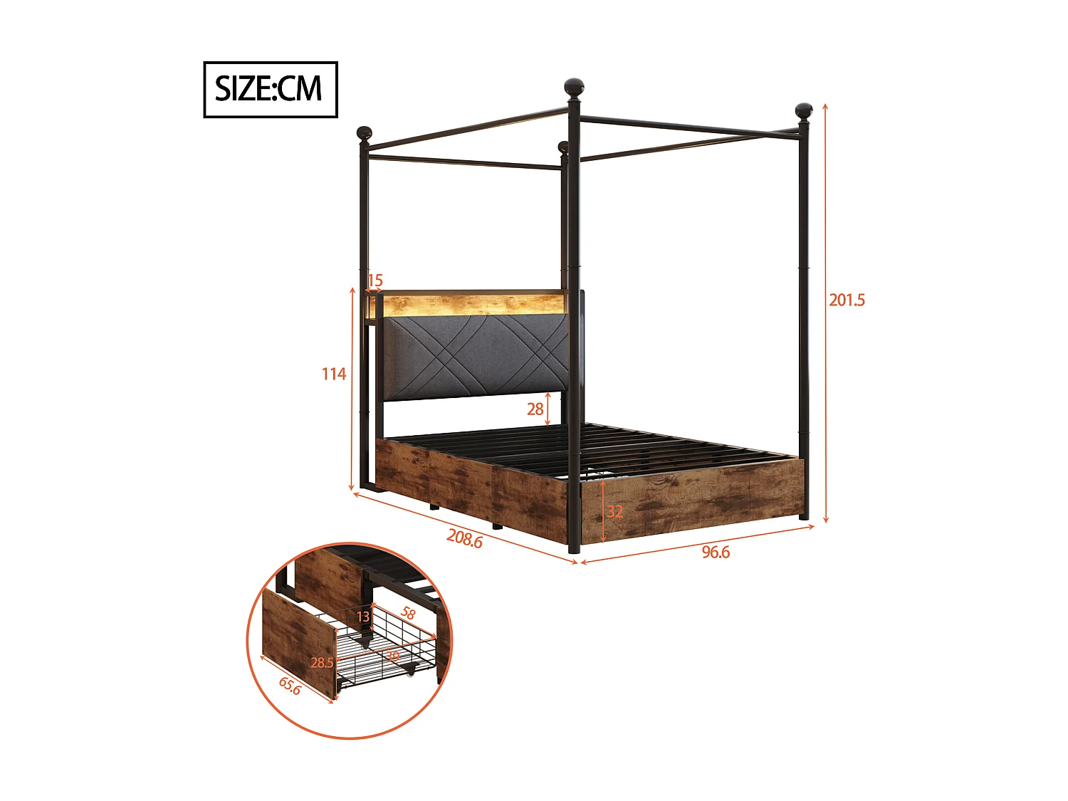 Kinderbett 90 x 190 cm – mit LED-Beleuchtung, USB-Anschluss, gepolstertem Kopfteil und 2 Schubladen – Metall – schwarz – Matratze nicht enthalten