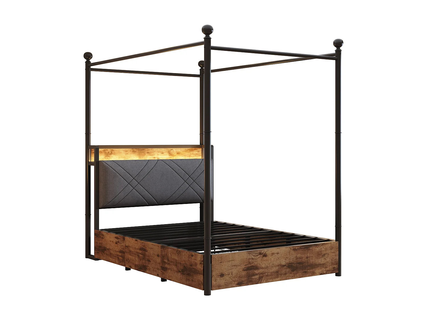 Kinderbett 90 x 190 cm – mit LED-Beleuchtung, USB-Anschluss, gepolstertem Kopfteil und 2 Schubladen – Metall – schwarz – Matratze nicht enthalten