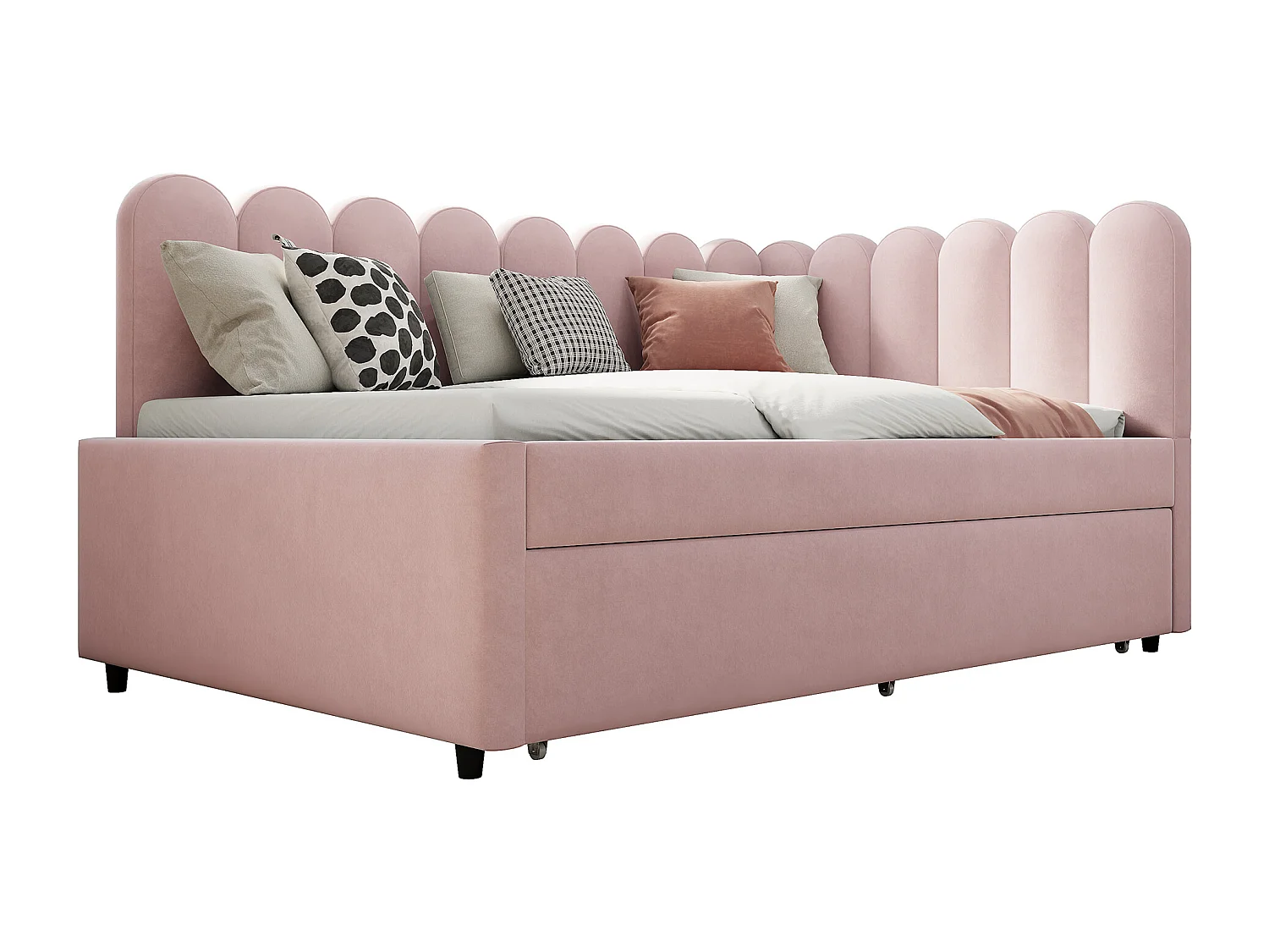 Lit banquette 140x200 cm - Lit adulte avec lit gigogne et sommier à lattes - velours rose - sans matelas