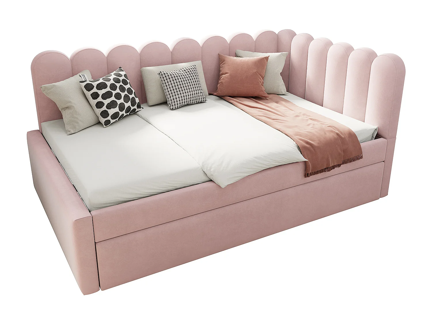 Lit banquette 140x200 cm - Lit adulte avec lit gigogne et sommier à lattes - velours rose - sans matelas