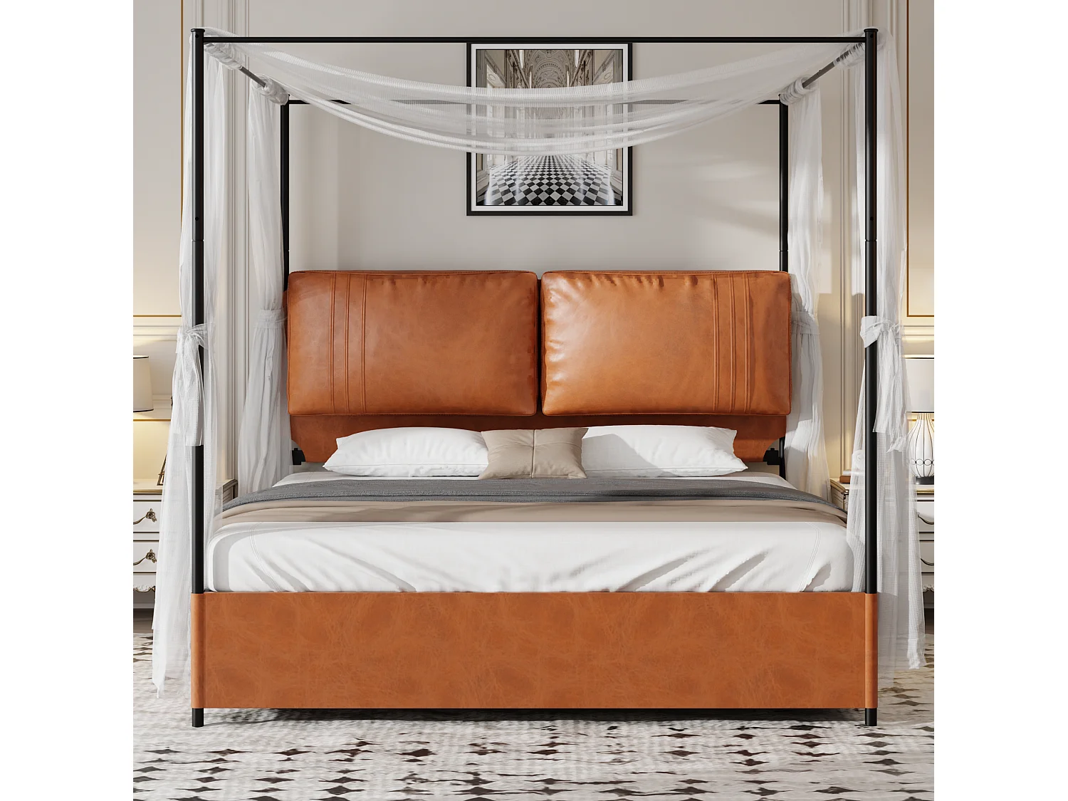 Bett für Erwachsene 180 x 200 cm – mit 2 Kissen, PU-Leder, Lattenrost aus Metall – braun – Matratze nicht enthalten