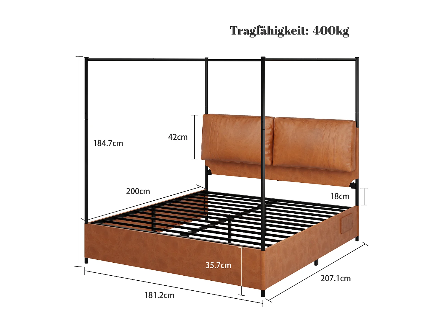 Bett für Erwachsene 180 x 200 cm – mit 2 Kissen, PU-Leder, Lattenrost aus Metall – braun – Matratze nicht enthalten