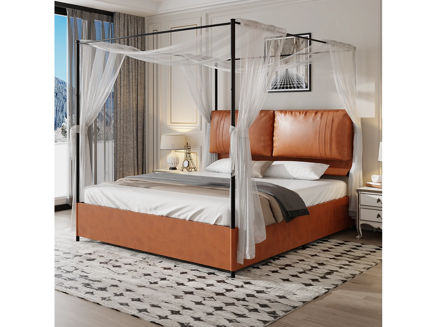 Lit adulte 180x200 cm - avec 2 coussins, en PU, sommier à lattes métalliques - marron - sans matelas