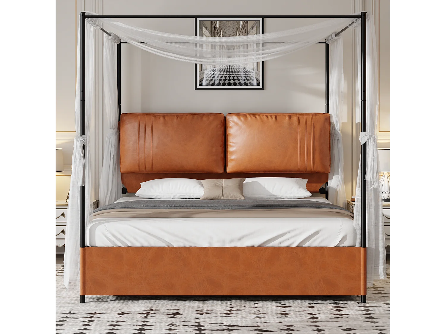 Lit adulte 180x200 cm - avec 2 coussins, en PU, sommier à lattes métalliques - marron - sans matelas