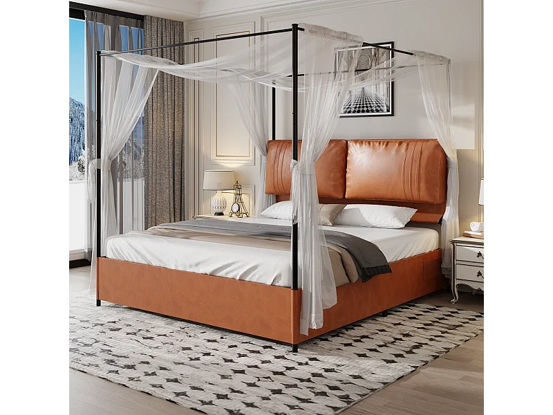 Letto per adulti 180x200 cm - con 2 cuscini, similpelle, rete a doghe in metallo - marrone - materasso non incluso