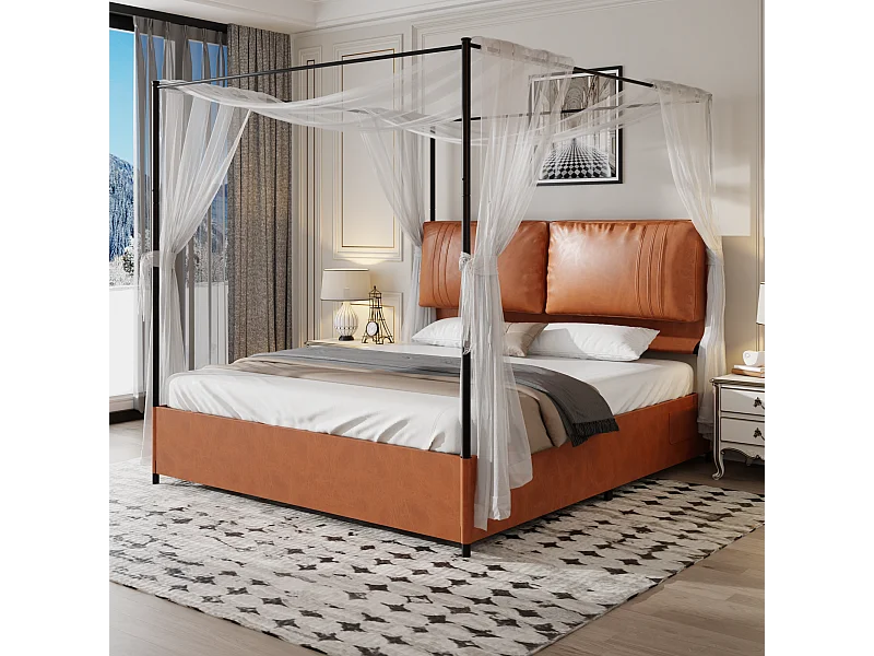 Bett für Erwachsene 180 x 200 cm – mit 2 Kissen, PU-Leder, Lattenrost aus Metall – braun – Matratze nicht enthalten