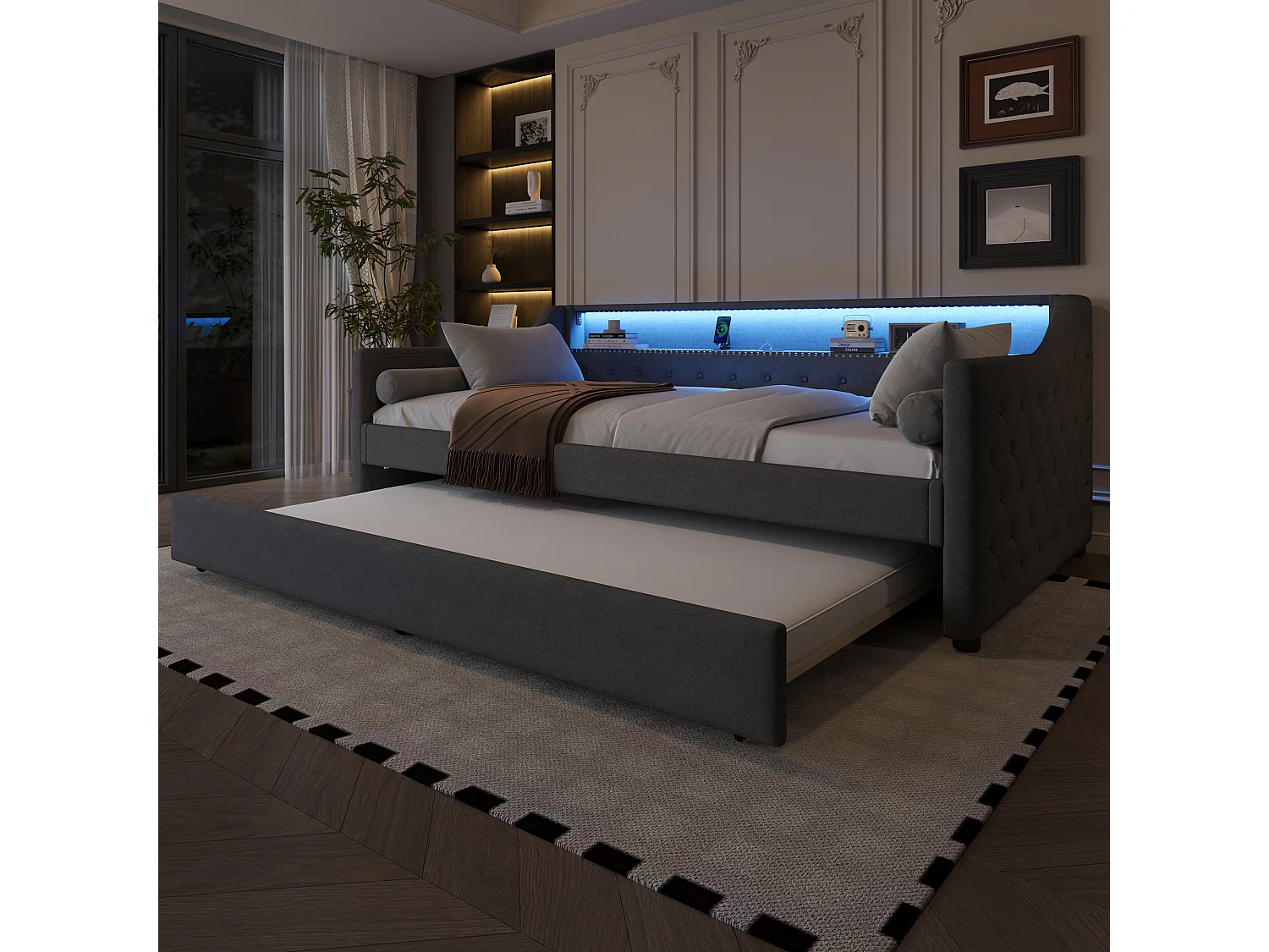 Lit enfant 90 x 200 cm - avec éclairage LED, USB, sommier à lattes - lin gris - sans matelas