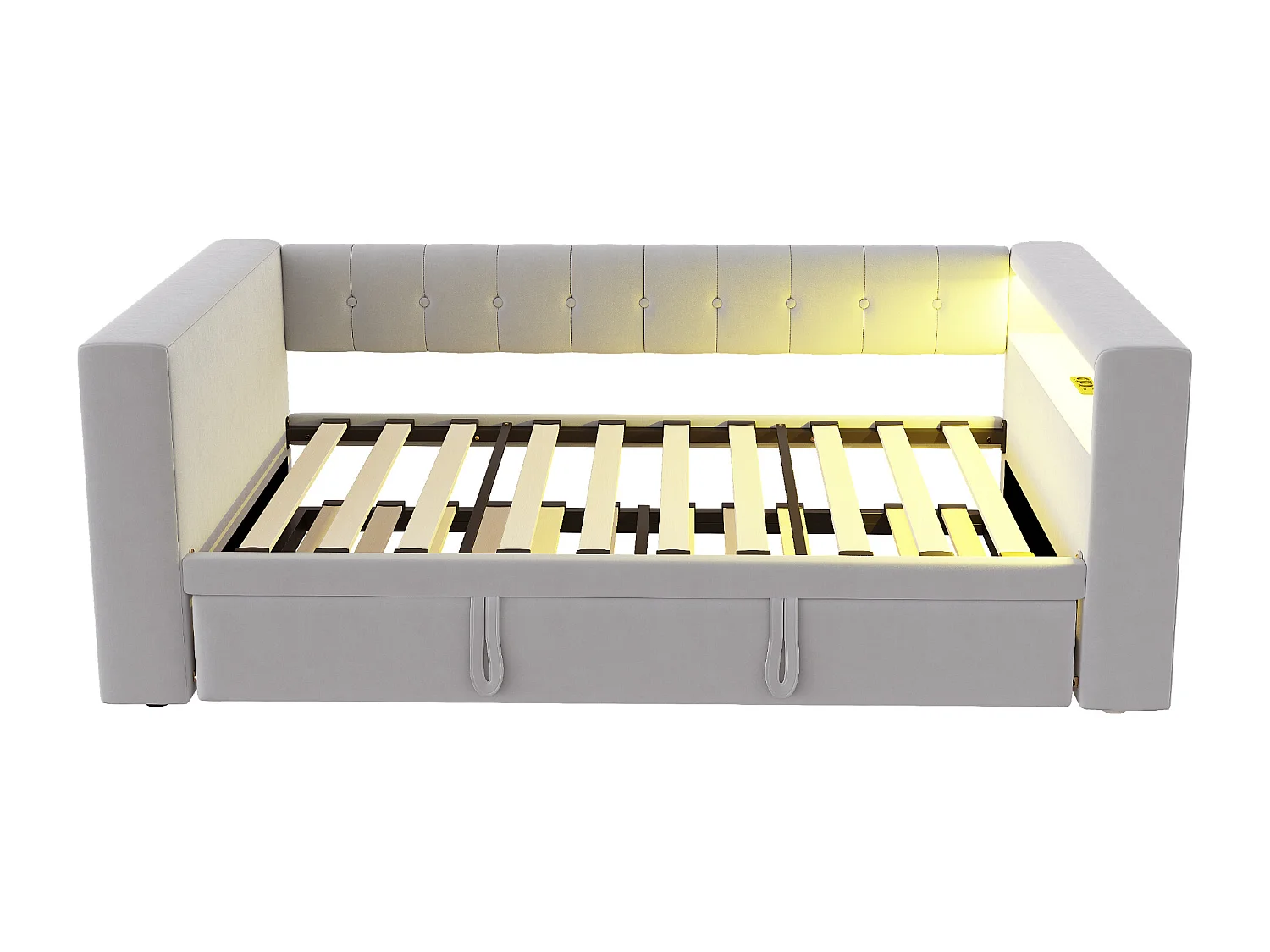 Lit gigogne 90/180 x 190 cm - Lit simple avec éclairage LED et étagère de rangement - flanelle gris clair - matelas non inclus
