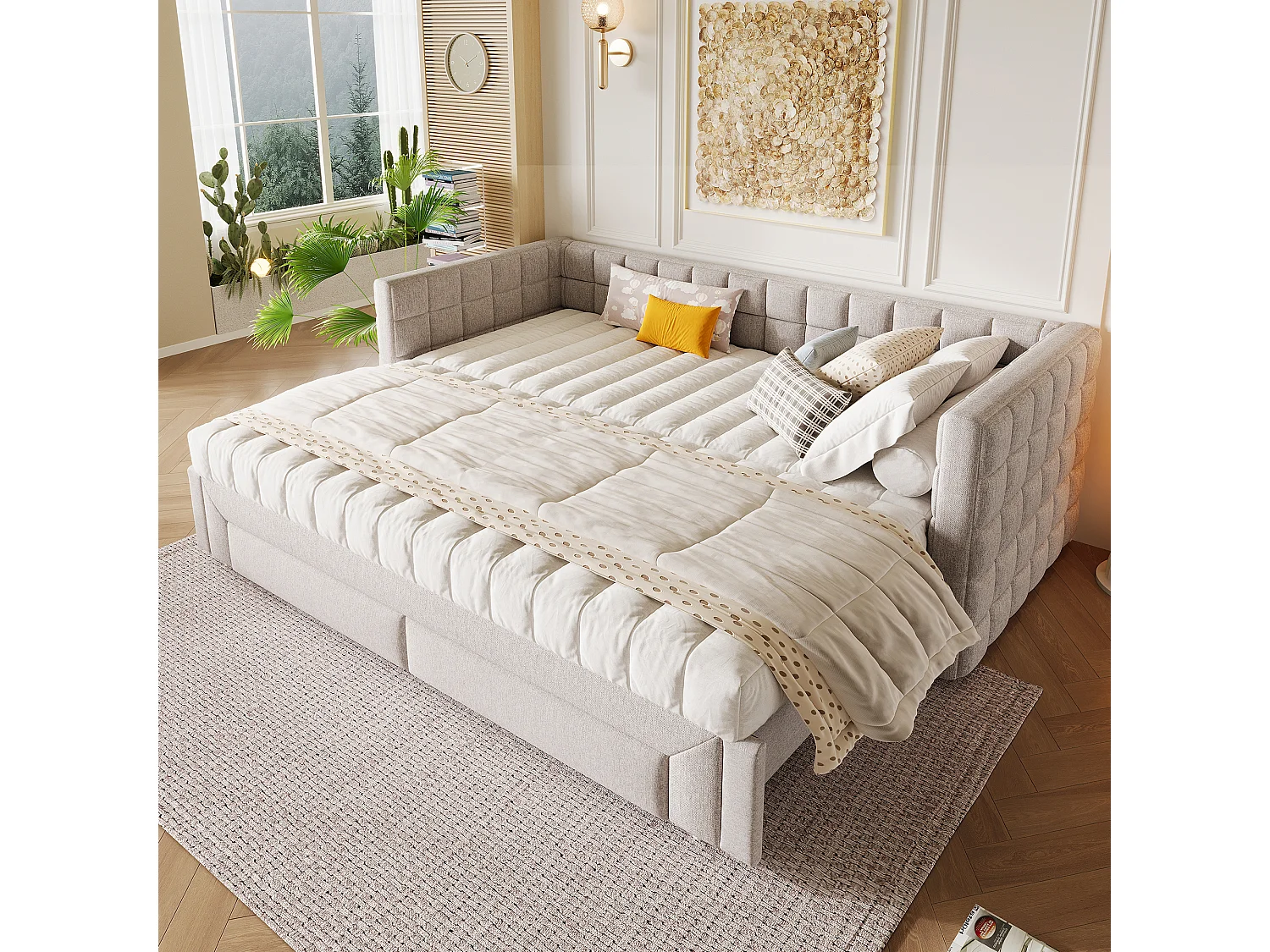 Kinderbett 90 x 200 cm – mit Kopfteil, 2 Schubladen – Samt – beige – ohne Matratze