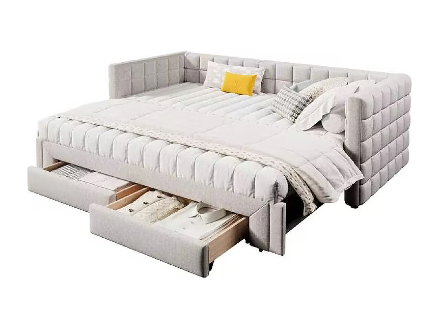 Kinderbett 90 x 200 cm – mit Kopfteil, 2 Schubladen – Samt – beige – ohne Matratze