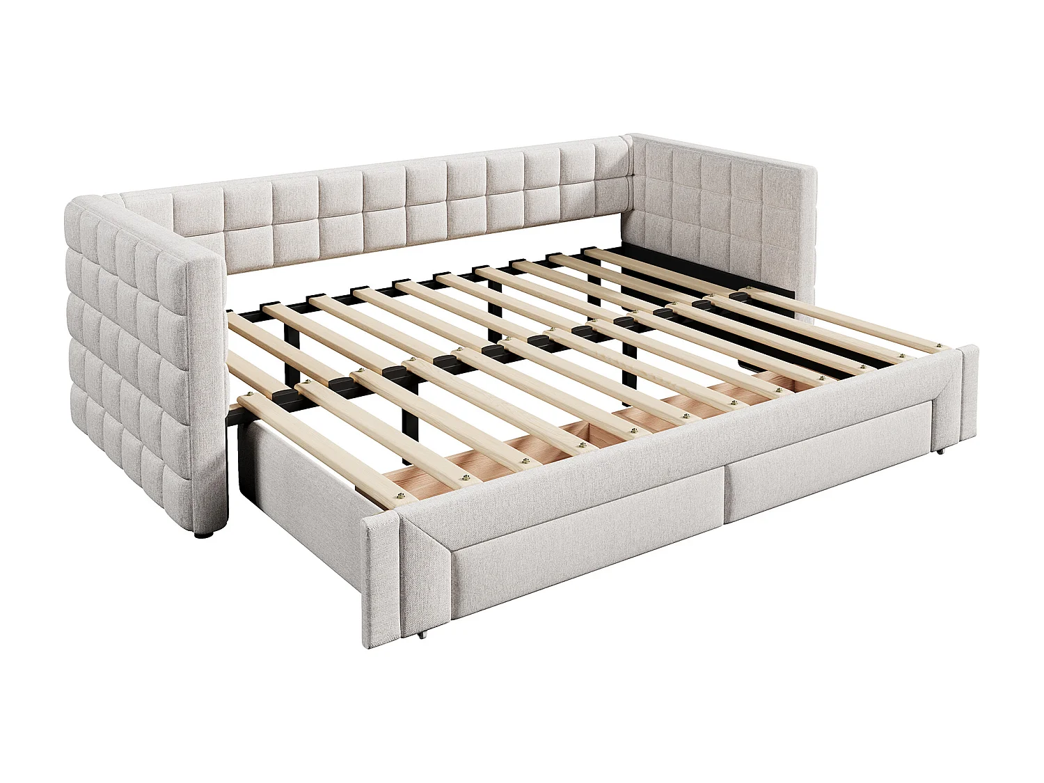 Kinderbett 90 x 200 cm – mit Kopfteil, 2 Schubladen – Samt – beige – ohne Matratze