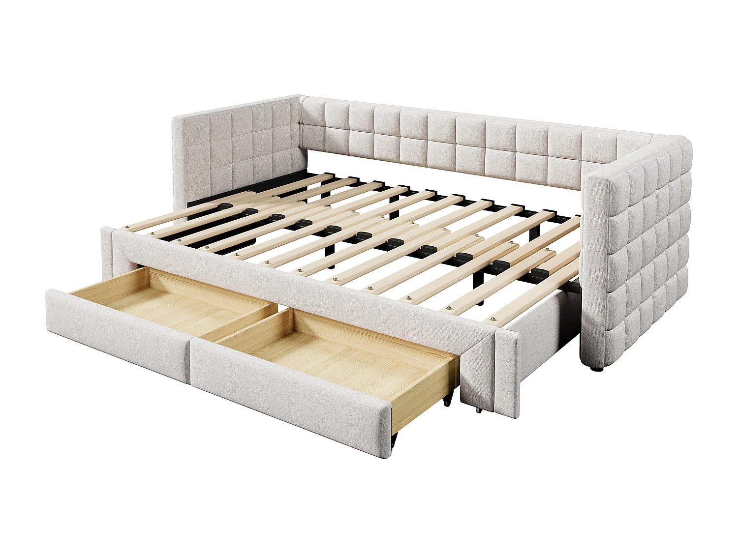 Kinderbett 90 x 200 cm – mit Kopfteil, 2 Schubladen – Samt – beige – ohne Matratze