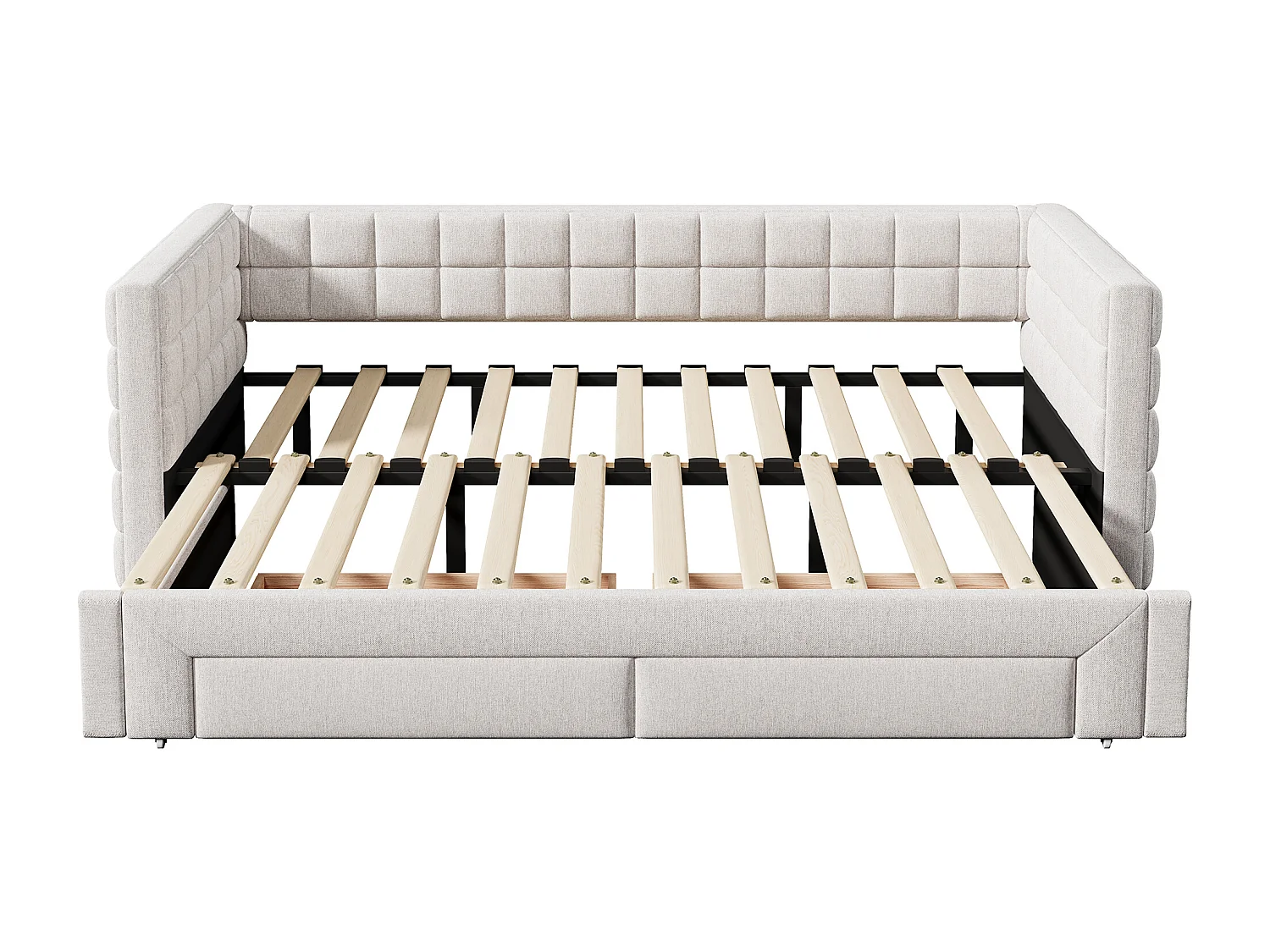 Kinderbett 90 x 200 cm – mit Kopfteil, 2 Schubladen – Samt – beige – ohne Matratze