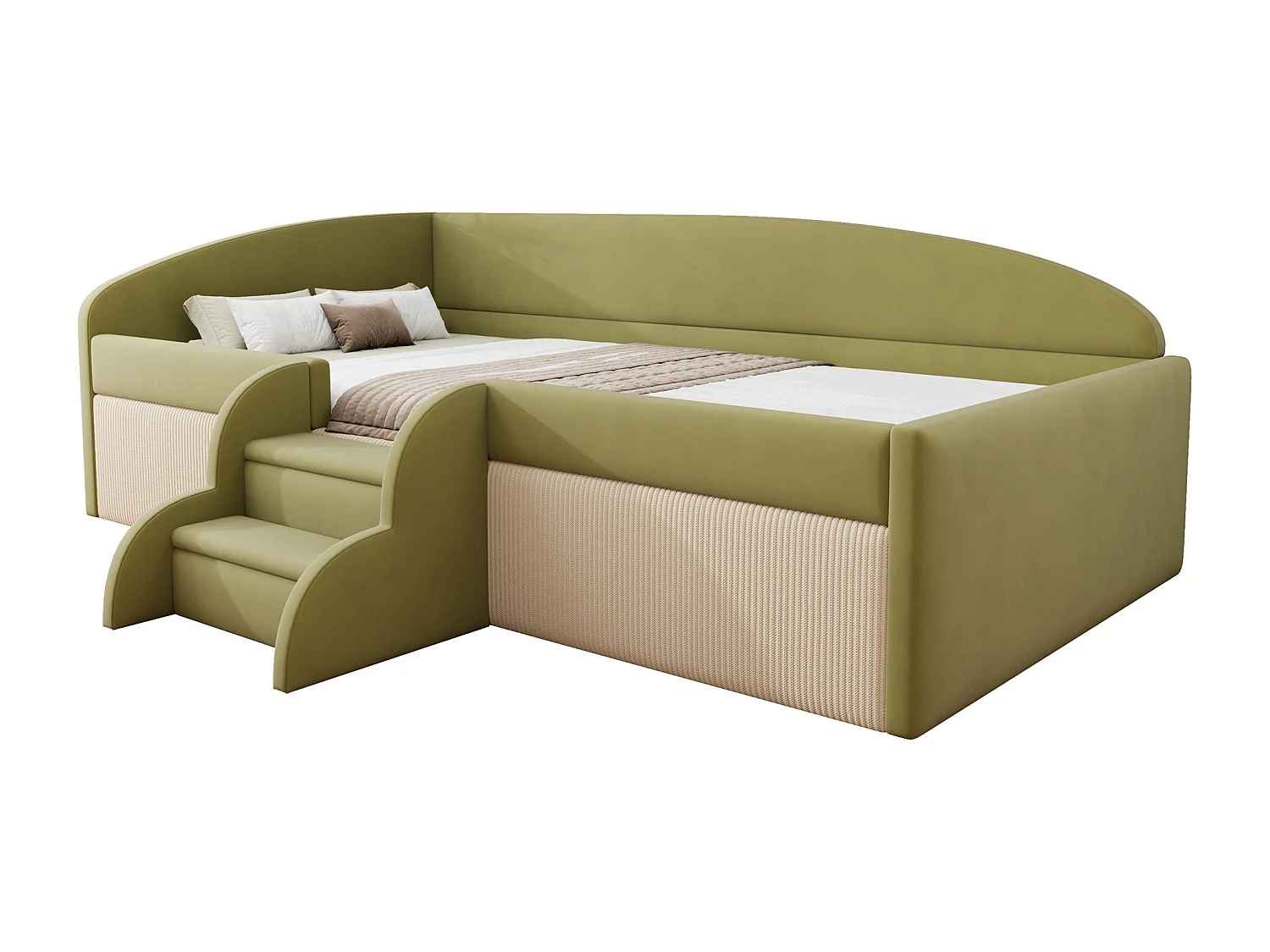 Lit banquette 90x190 cm - Lit enfant avec sommier à lattes - en velours - vert foncé + beige - sans matelas