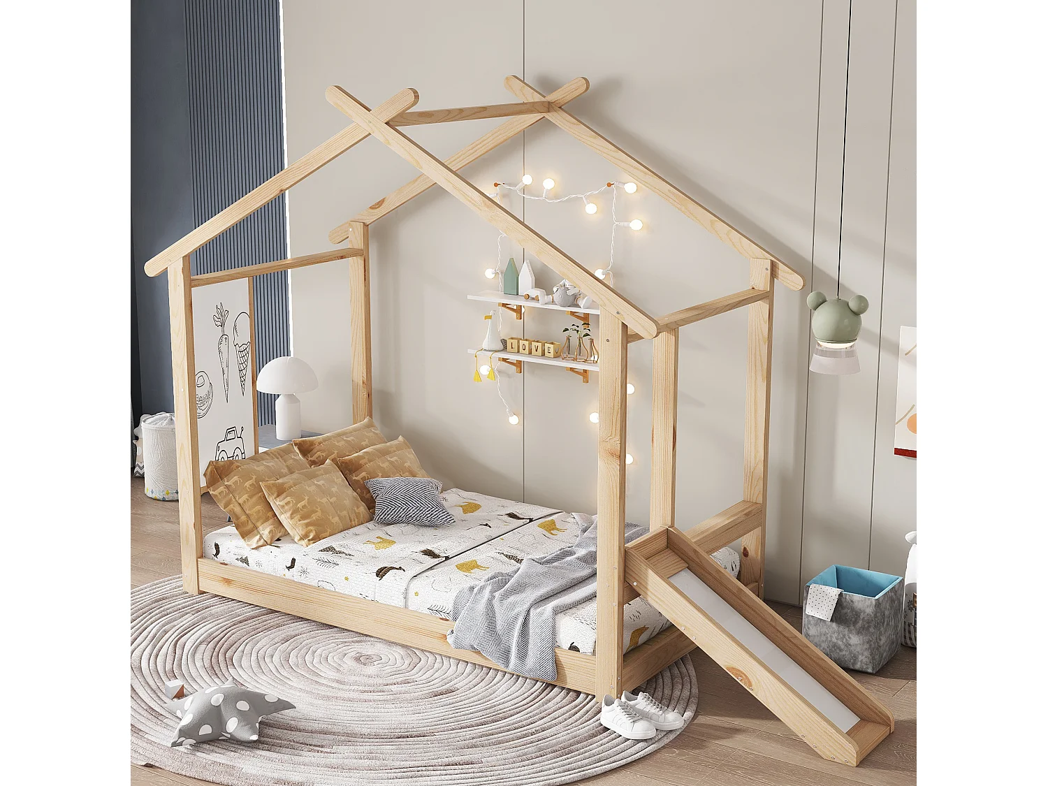 Lit cabine 90x200cm - Lit enfant avec toboggan et sommier à lattes en bois - naturel - sans matelas