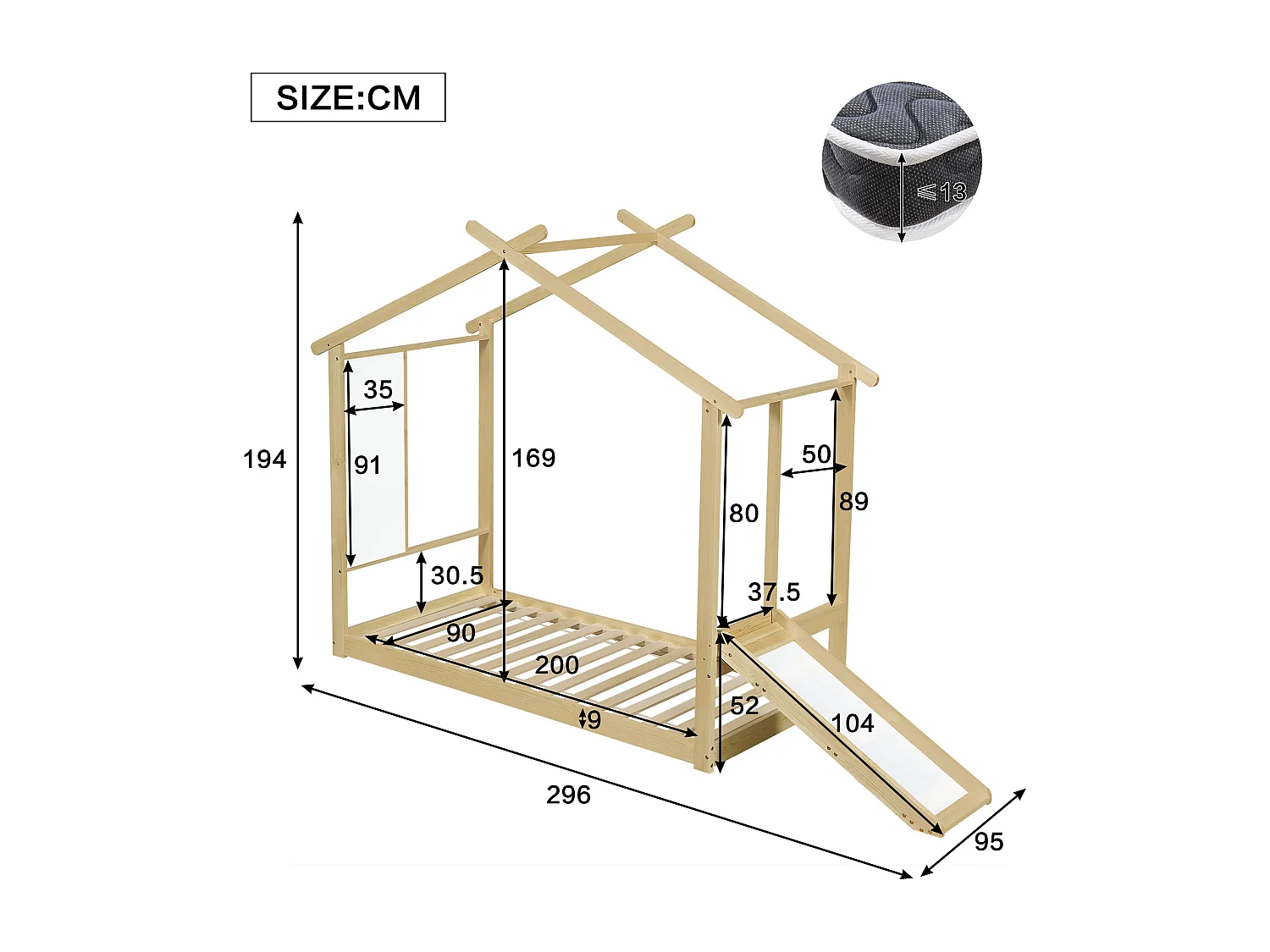 Lit cabine 90x200cm - Lit enfant avec toboggan et sommier à lattes en bois - naturel - sans matelas