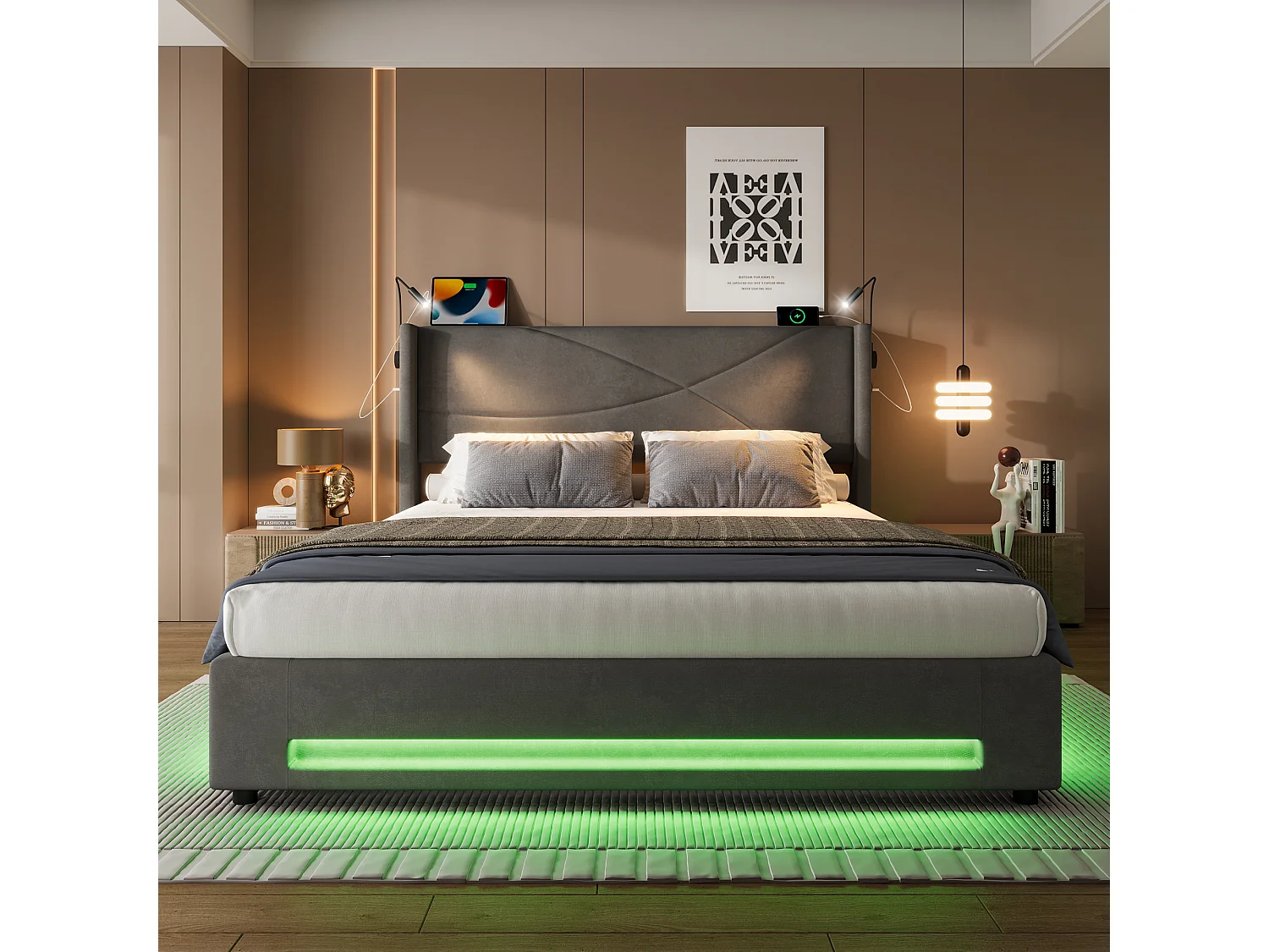 Lit coffre 160x200 cm - avec 2 liseuses et éclairage LED - velours gris - sans matelas