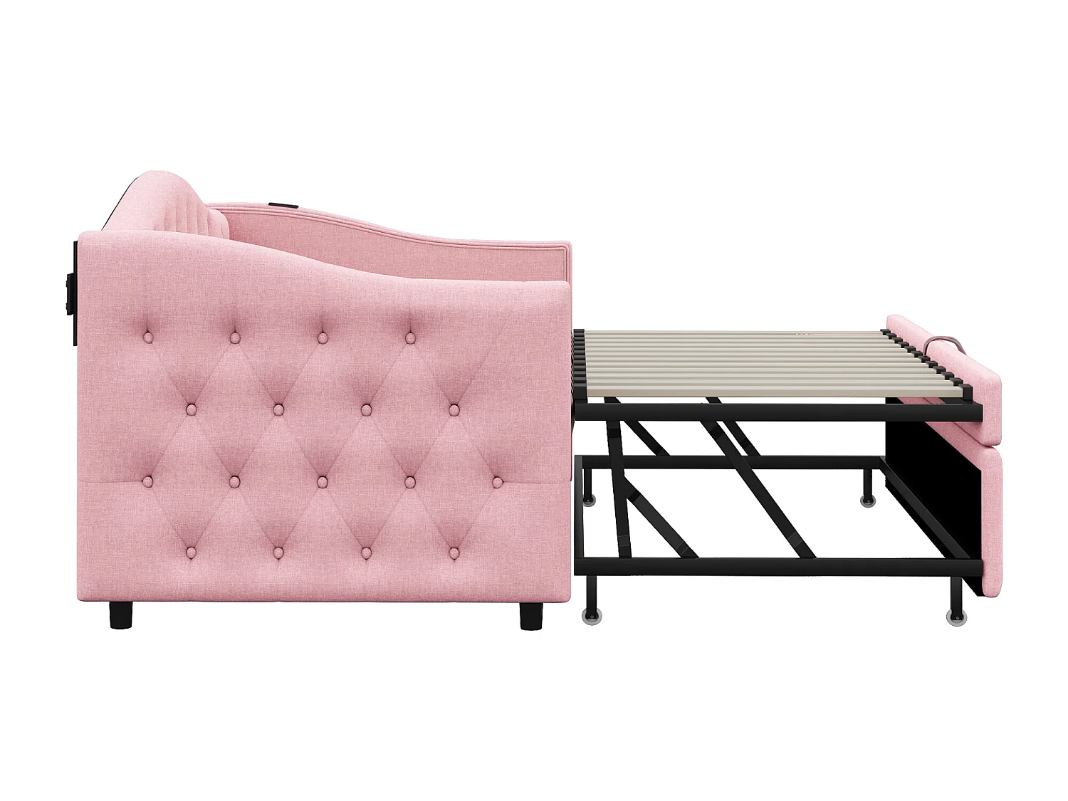 Lit enfant 90 x 200 cm - avec USB et sommier à lattes - lin rose - sans matelas