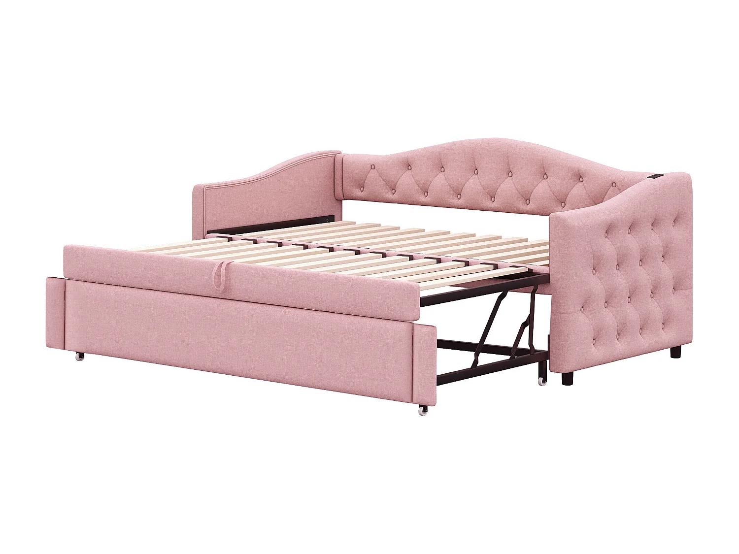 Lit enfant 90 x 200 cm - avec USB et sommier à lattes - lin rose - sans matelas