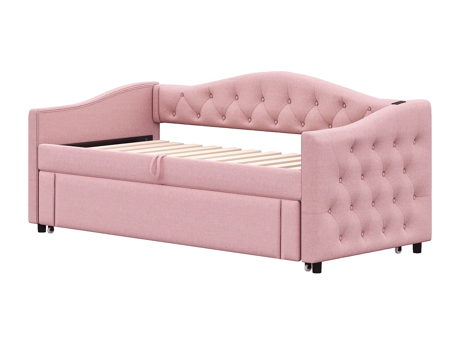 Lit enfant 90 x 200 cm - avec USB et sommier à lattes - lin rose - sans matelas