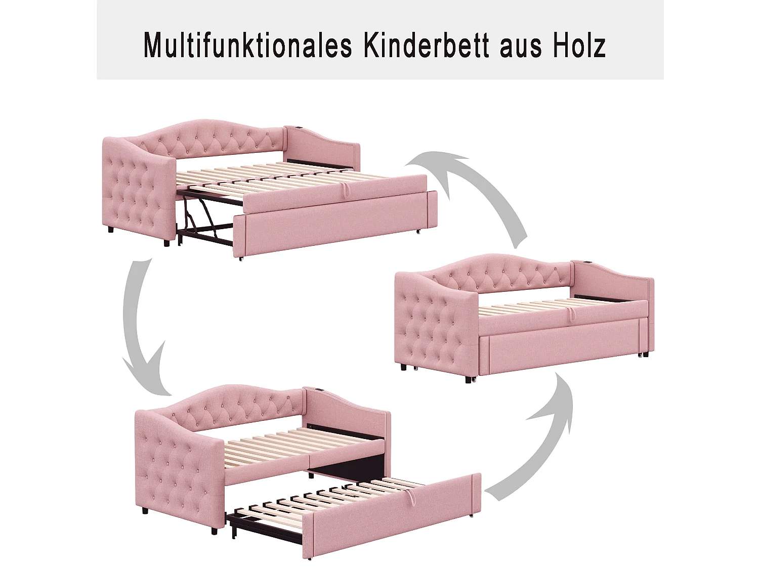 Lit enfant 90 x 200 cm - avec USB et sommier à lattes - lin rose - sans matelas