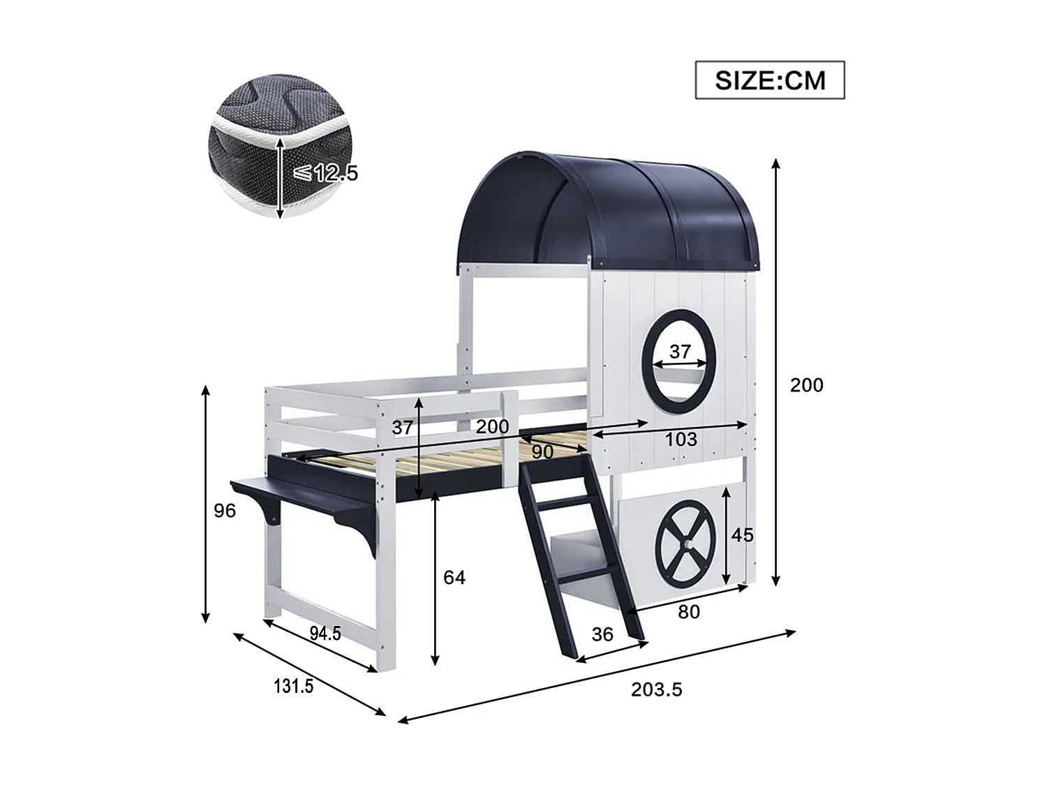 Cama alta de 90 x 200 cm - Cama infantil con escalera y cajones - Blanca y azul oscuro - Sin colchón