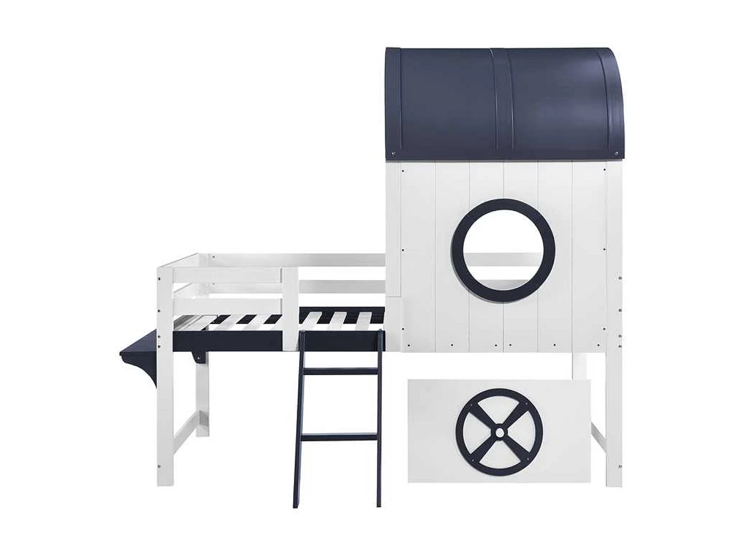 Cama alta de 90 x 200 cm - Cama infantil con escalera y cajones - Blanca y azul oscuro - Sin colchón