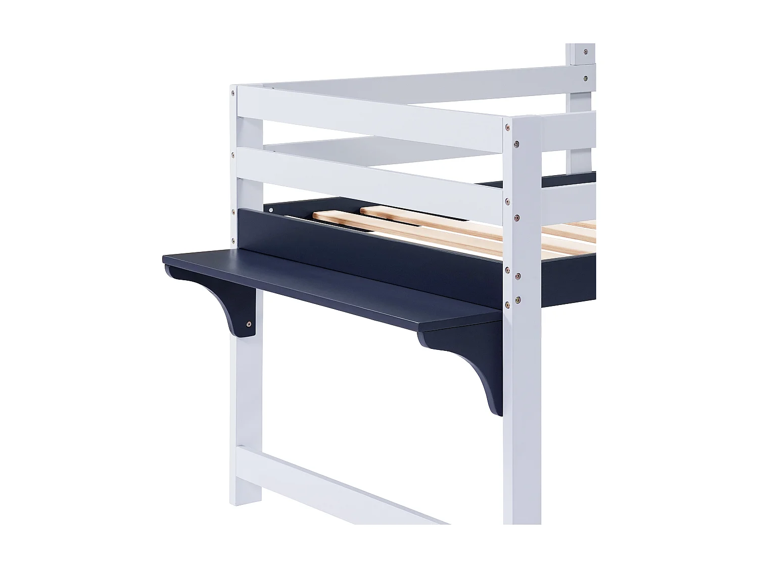 Cama alta de 90 x 200 cm - Cama infantil con escalera y cajones - Blanca y azul oscuro - Sin colchón