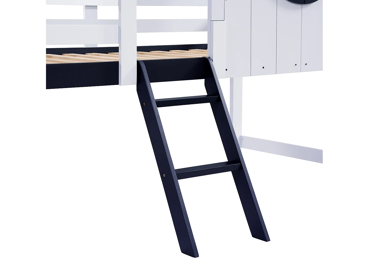 Cama alta de 90 x 200 cm - Cama infantil con escalera y cajones - Blanca y azul oscuro - Sin colchón