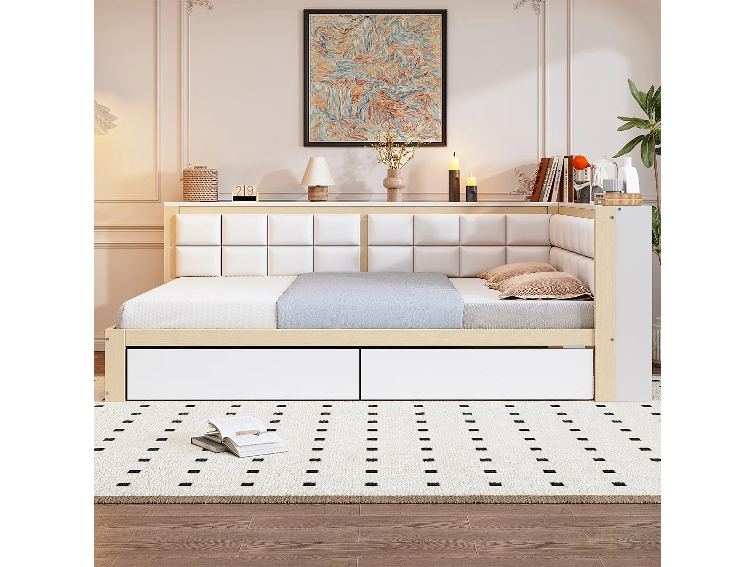 Lit banquette 140x200 cm - avec 2 tiroirs de rangement et sommier à lattes - blanc et bois - sans matelas