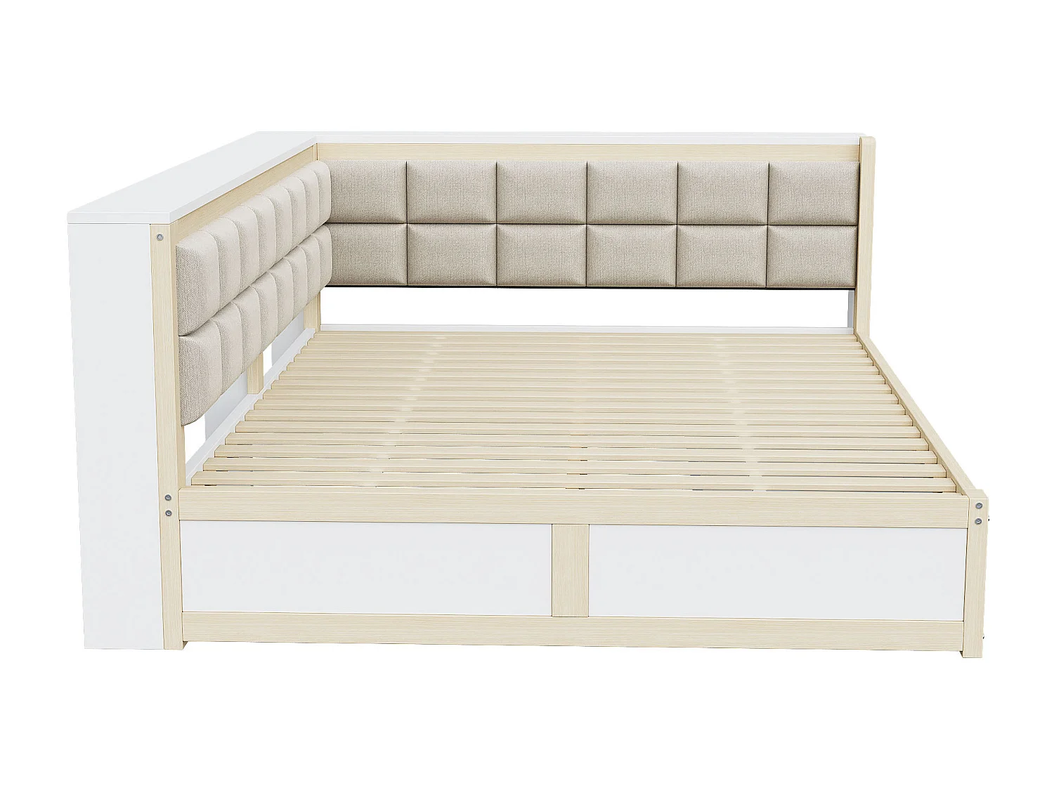 Lit banquette 140x200 cm - avec 2 tiroirs de rangement et sommier à lattes - blanc et bois - sans matelas