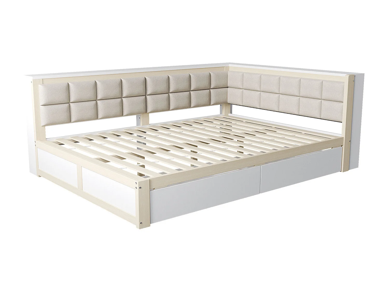 Lit banquette 140x200 cm - avec 2 tiroirs de rangement et sommier à lattes - blanc et bois - sans matelas