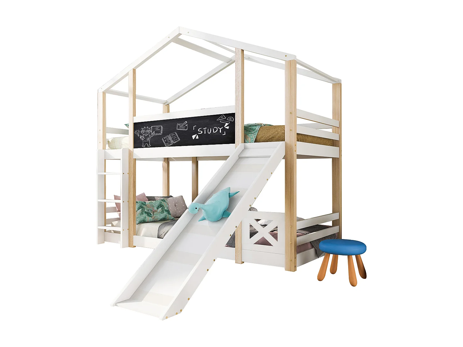 Łóżko typu kabina 90 x 200 cm - ze zjeżdżalnią i drabinką - sosna - białe - materac nie jest wliczony w cenę