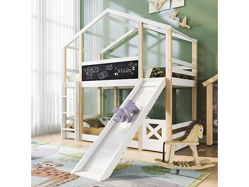 Łóżko typu kabina 90 x 200 cm - ze zjeżdżalnią i drabinką - sosna - białe - materac nie jest wliczony w cenę