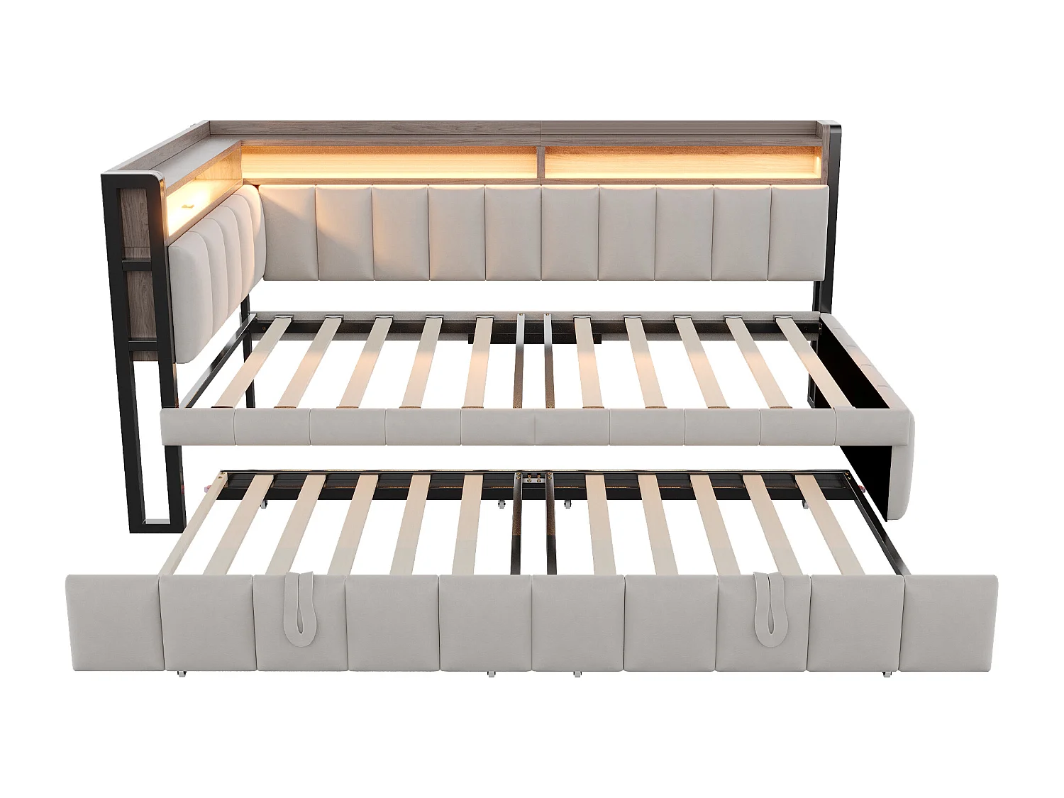 Ausziehbett 90 x 200 cm – Kinderbett mit LED-Beleuchtung und Stauraum – hellgrauer Samt – Matratze nicht enthalten