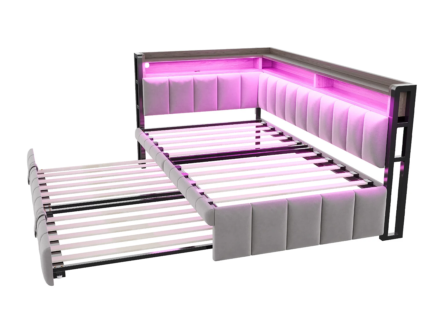 Ausziehbett 90 x 200 cm – Kinderbett mit LED-Beleuchtung und Stauraum – hellgrauer Samt – Matratze nicht enthalten