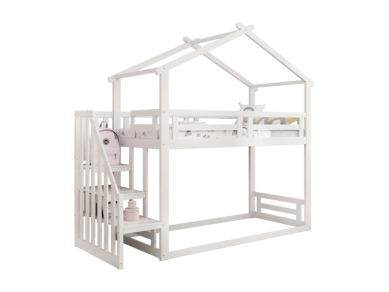 Lit superposé 90x200 cm - Lit cabane avec échelle et barrière de sécurité - bois blanc - sans matelas