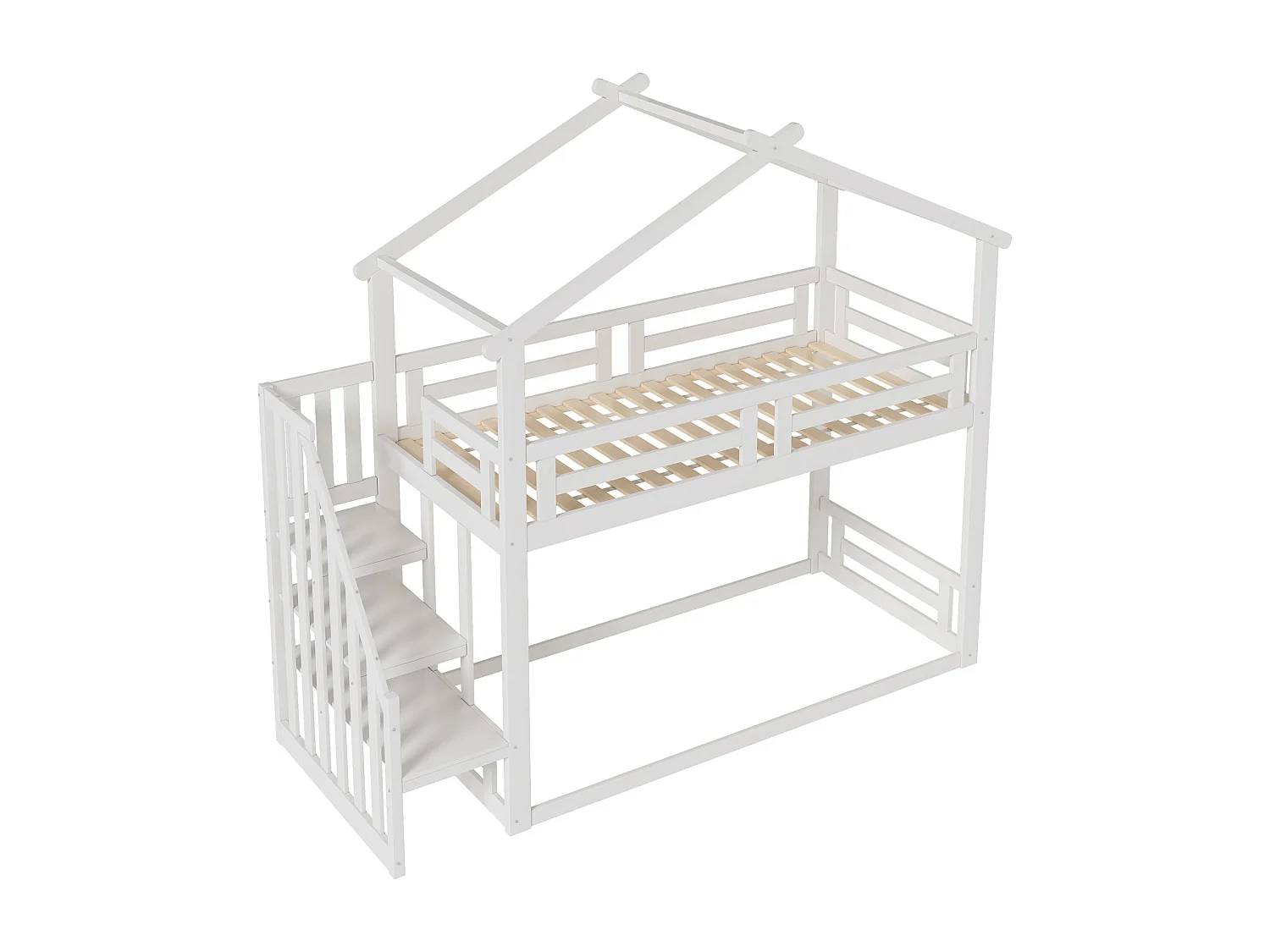 Lit superposé 90x200 cm - Lit cabane avec échelle et barrière de sécurité - bois blanc - sans matelas