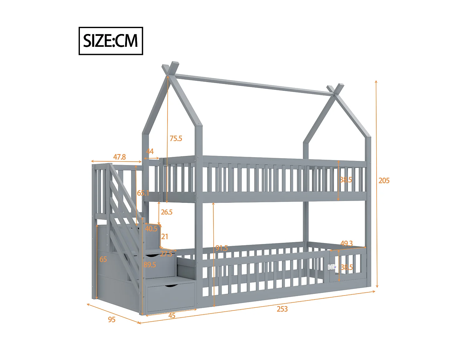 Lit superposé 90x200 cm - Lit enfant avec échelle de rangement et barrière de sécurité - gris - sans matelas