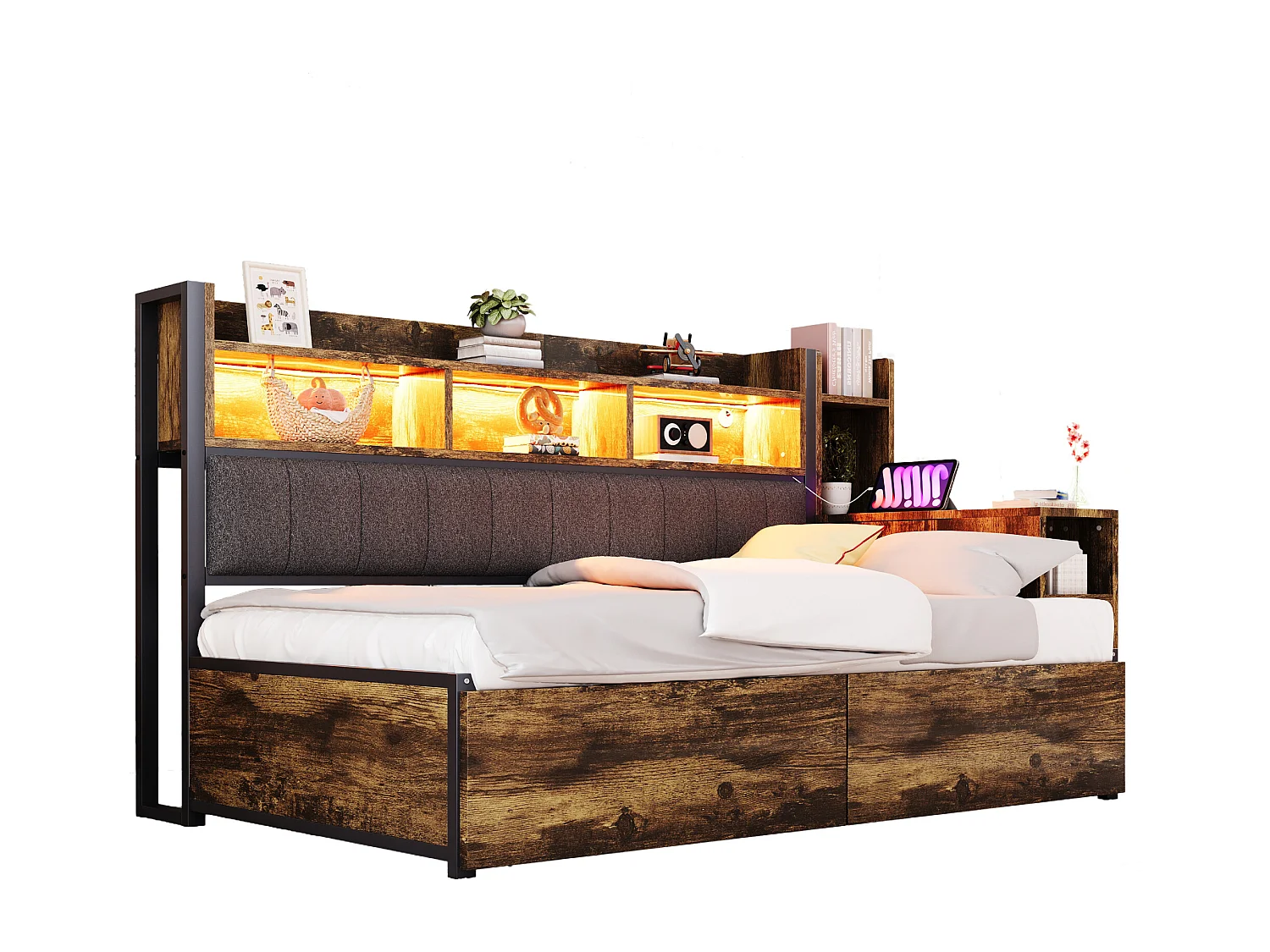 Tagesbett 90x200 cm – Kinderbett mit 2 Schubladen und Stauraum, LED-Beleuchtung und Steckdosen – natur – Matratze nicht enthalten