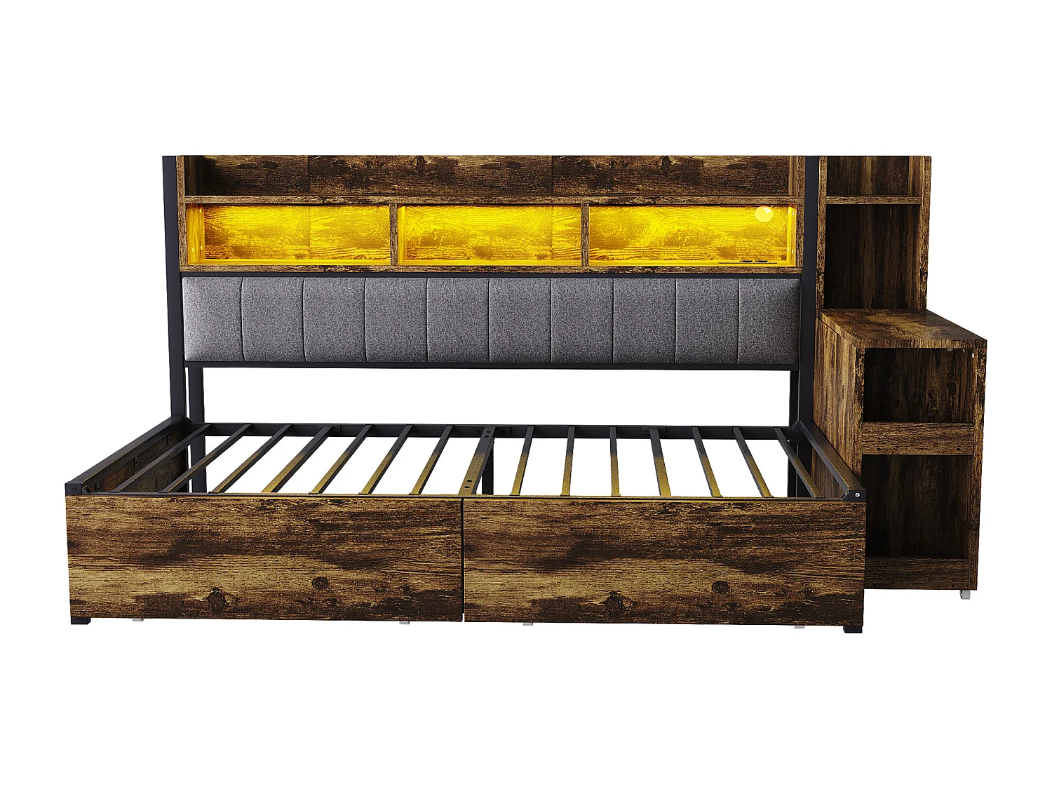 Tagesbett 90x200 cm – Kinderbett mit 2 Schubladen und Stauraum, LED-Beleuchtung und Steckdosen – natur – Matratze nicht enthalten