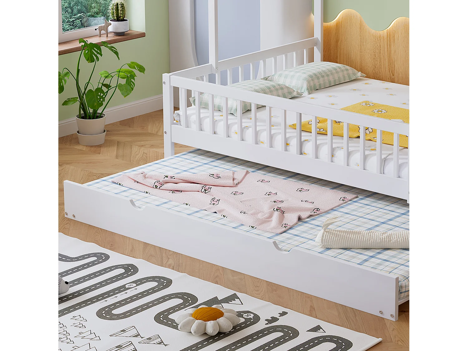 Cama nido de 120 x 200 cm - con somier de láminas - madera blanca - colchón no incluido