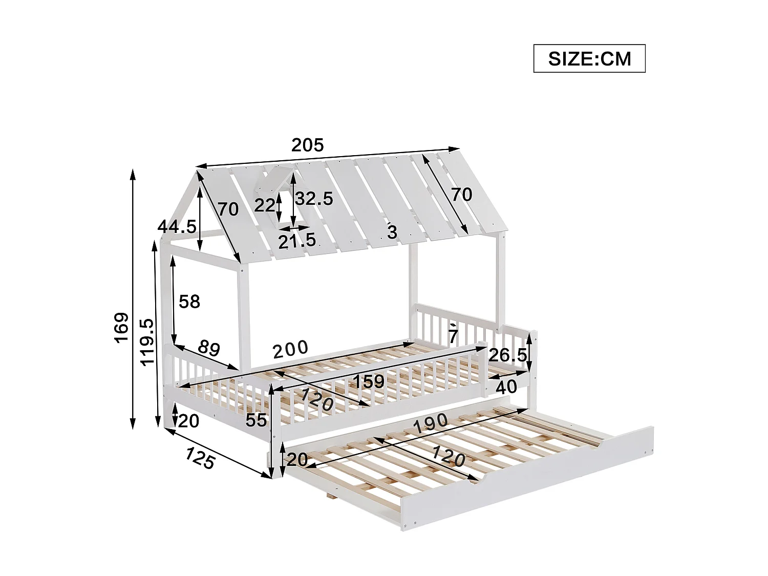 Cama nido de 120 x 200 cm - con somier de láminas - madera blanca - colchón no incluido
