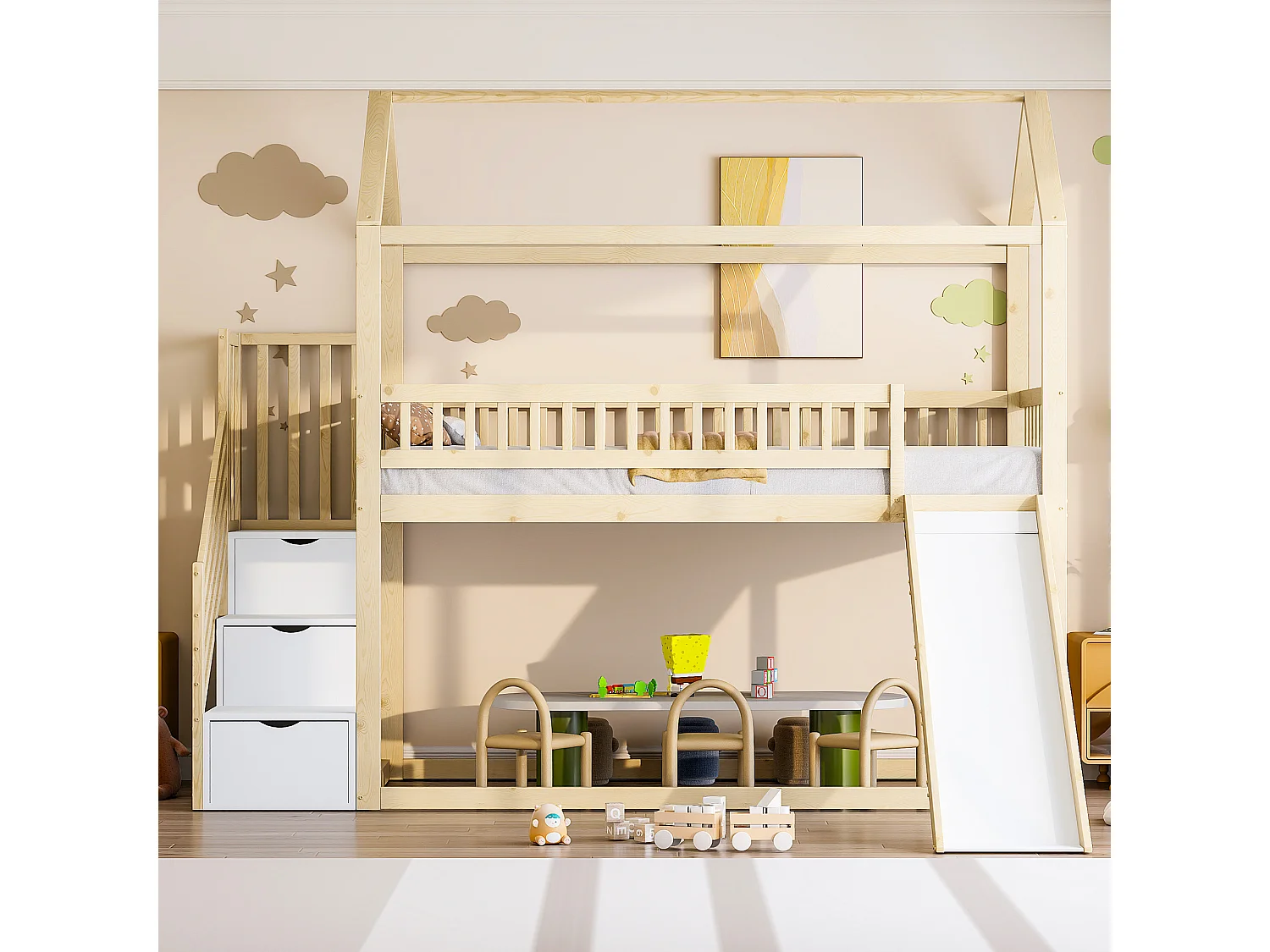 Lit superposé 90x200 cm - Lit cabane avec échelle de rangement et toboggan - blanc et naturel - sans matelas